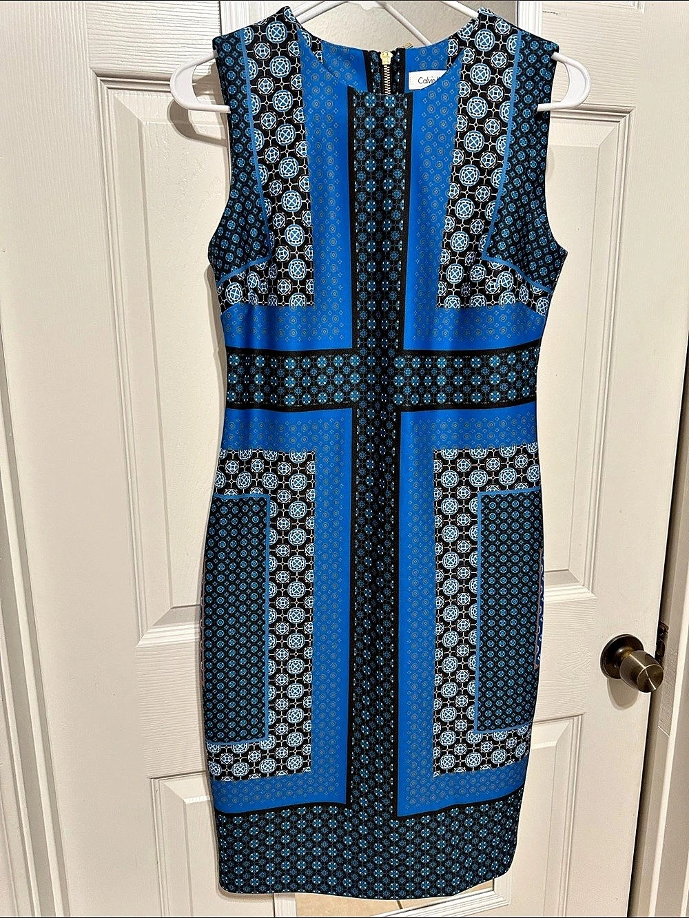 Calvin Klein Geometric Midi Dress in Blue & Black Size 4 Like New